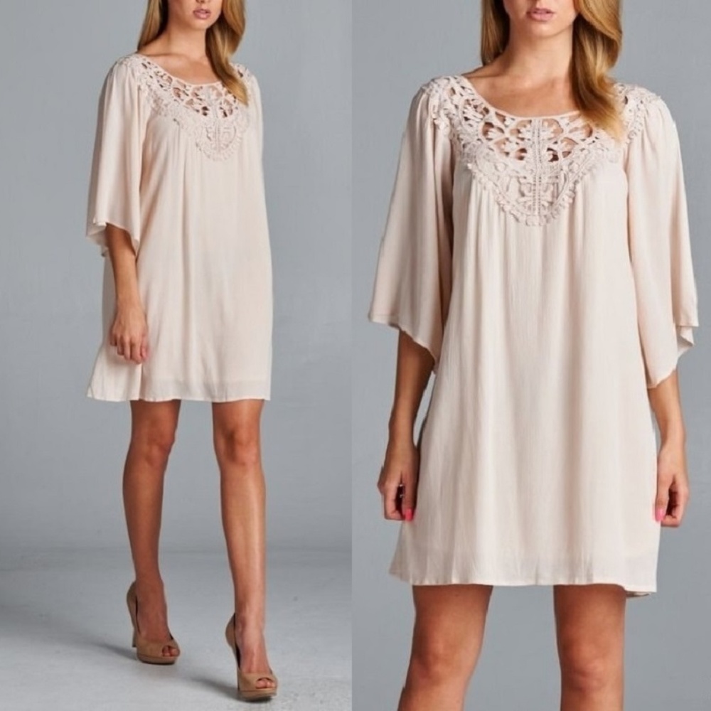 Gauze Crochet Detail 3/4 Sleeve Tunic Shift Dress